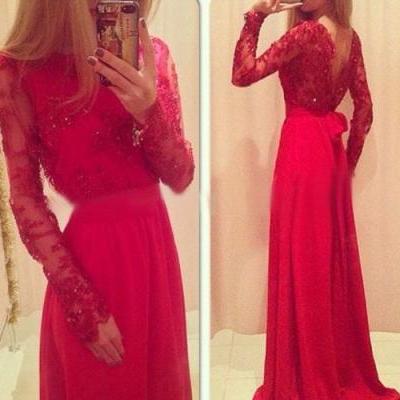 Red Prom Dress, Long Sleeve Prom Dress, Formal Prom Dress, Chiffon Prom Dress, Pretty Prom Dress, Occasion Dress, Long Prom Dress