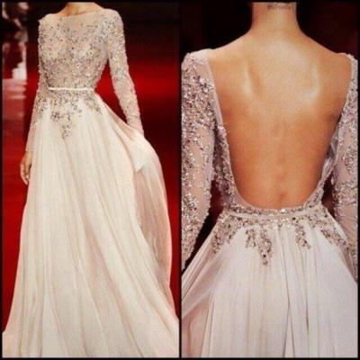 Light Champagne Long Sleeve Prom Dress,Sexy Backless Prom Dress,Chiffon Evening Dress with Appliques and Beading ,Formal Dress,Party Dress Long,Dress for Special Occasion