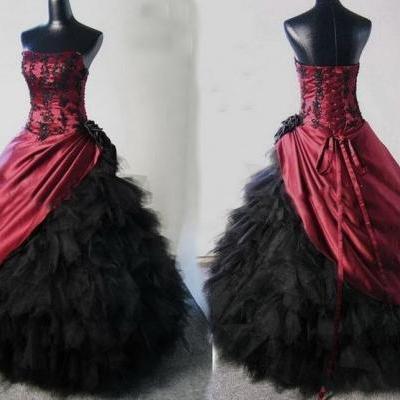 Stylish Burgundy and Black Quinceanera Dress,Strapless Quinceanera Dress,Appliques Quinceanera Dress,Lace-up Back Quinceanera Dress, Satin and Tulle Quinceanera Dress, Debutante Gown,Masquerade Ball Gowns,Ball Gown Dresses