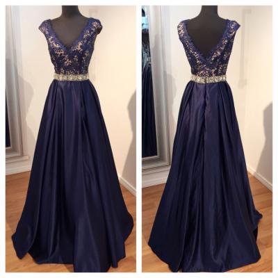 Glamorous Prom Dress,Navy Blue Prom Dress,Lace Prom Dress,Beaded Prom Dress,Cap Sleeve Prom Dress,Long Prom Dress,Prom Ball Gowns,V-Neck Prom Dress,Satin Prom Dress,Prom Dress Plus Size,Prom Dress Costume,Prom Dress With Waistband