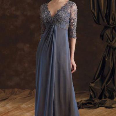 Sexy V Neck Grey Lace Long Mother Of The Bride Dresses, 2016 Half Sleeve A Line Chiffon Brides Mother Dresses, Plus Size Mother Of The Groom Dress, Formal Long Grey Mother Evening Prom Dresses, Elegant Grey Lace Mother Party Dress