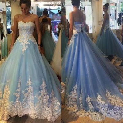 Cinderella Light Blue Prom Dress ,Sweetheart Prom Dress,Prom Ball Gowns with Chapel Train,Appliques Lace Prom Dress,Ball Gown Wedding Dress,Party Gowns,Evening Dress ,Quinceanera Dress