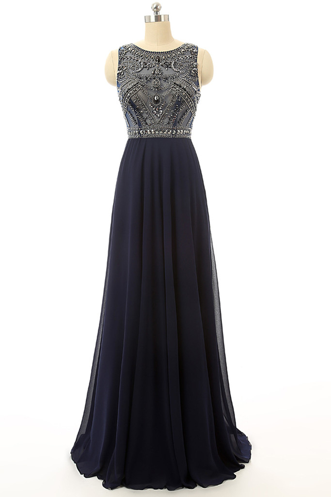 Cheap Prom Dress ，Navy Blue Beaded Long Graduation Dresses ，Long