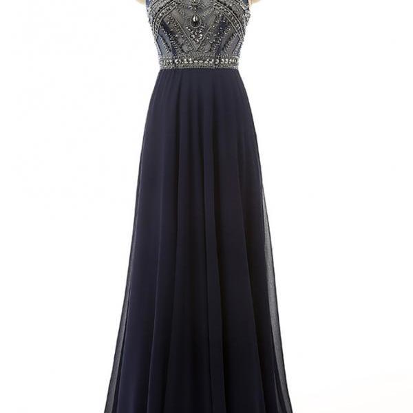 Prom Dress ，navy Blue Beaded Long Graduation Dresses ，long Evening ...